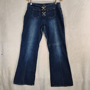 Vintage Y2K Lace Up Front Flare Jeans Size 7 Dark Wash Grommet Front Leg Seamed